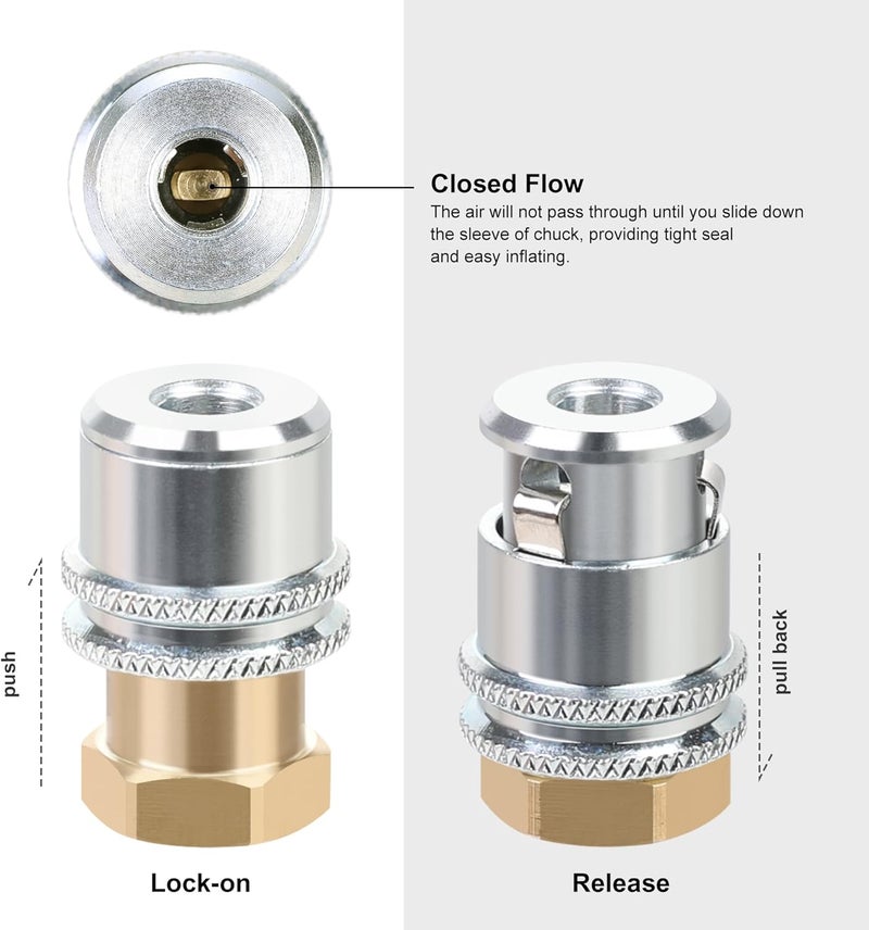Hromee Lock On Air Chuck, Heavy Duty Closed Flow Tire Chuck, 1/4" FNPT for Tire Inflator and Standard Bore Valve Stem Quick Connector - Image 4